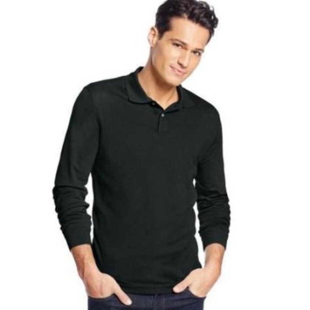 Tasso Elba Mens Long Sleeve Polo Shirt Black